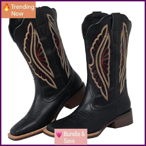 Square Toe Cowboy Boots Wide Calf Western Fashion Boots Women - Picture 7 of 8